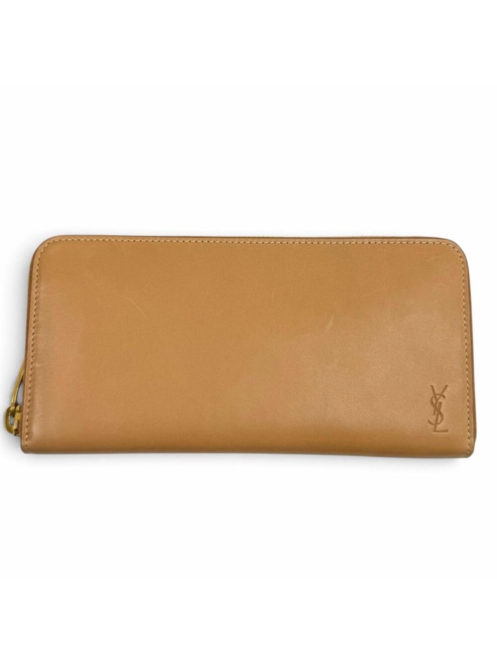 Saint Laurent Paris Logo Stamp Leather Zip Around Wallet Light Brown